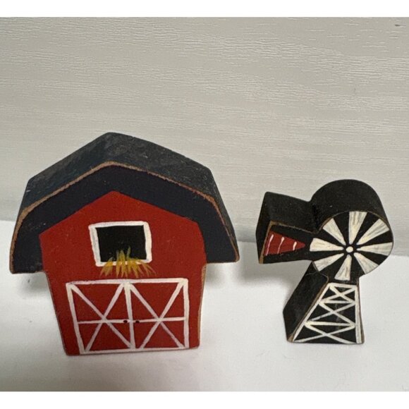 Handcrafted Wooden Farm Animal & Vehicle Figurine Set Tole Set of 7 - Picture 5 of 8